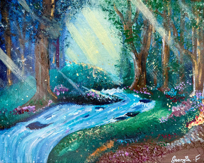 A colorful landscape painting of a winding blue stream flowing through a forest with trees, flowers, and bright light rays shining down. The painting has a textured, impasto brushstroke style and is signed 'Georgia F.