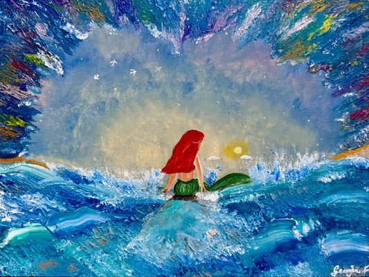 An impressionistic painting of a mermaid with a bright red hair and green tail sitting on a rock in a blue ocean, viewed from behind, under a cloudy, starry sky with a yellow sun.