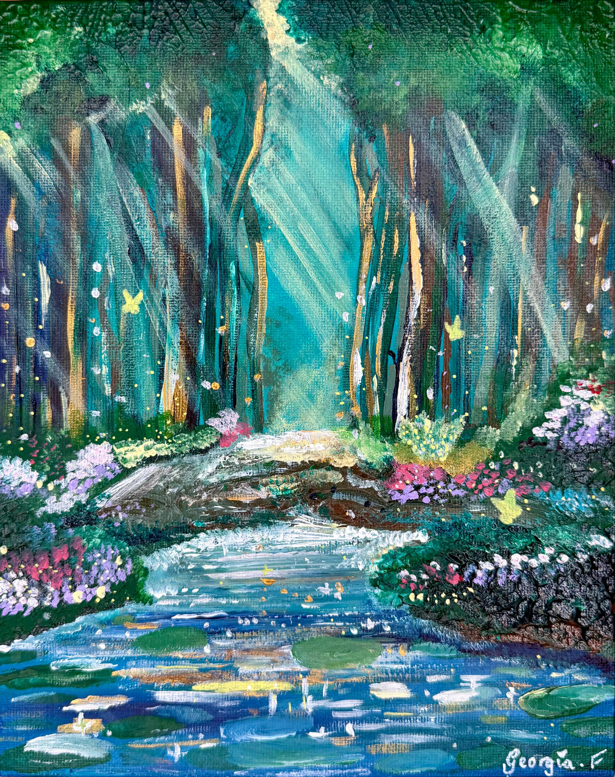 A colorful painted forest scene with a stream, flowers, tall trees, and beams of light, with a visible artist signature in the lower right corner.