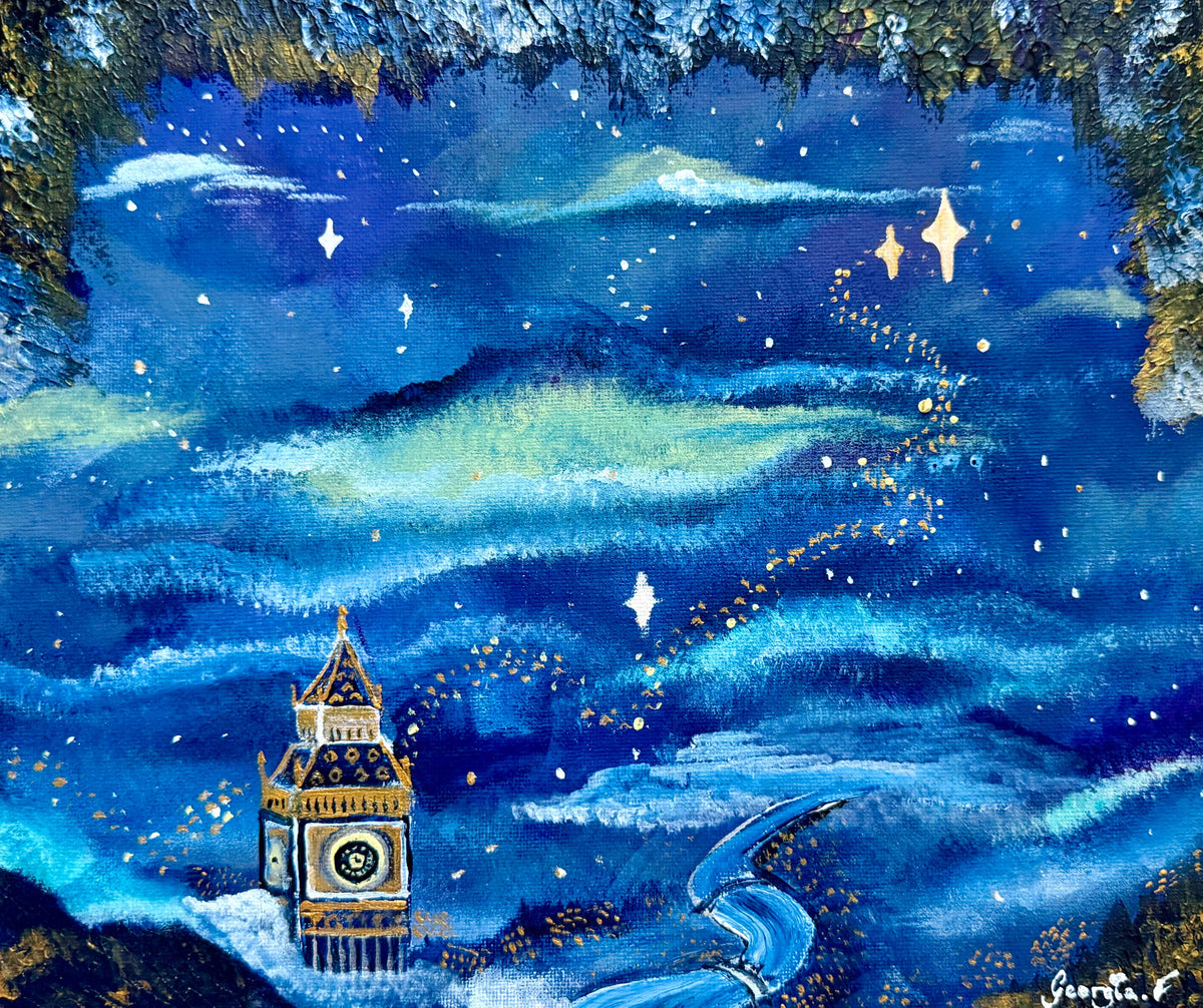 A colorful painting of a night sky with swirling blue and teal clouds, white stars, and a small illuminated clock tower near the bottom left, surrounded by textured dark and snowy edges.