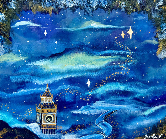 A colorful painting of a night sky with swirling blue and teal clouds, white stars, and a small illuminated clock tower near the bottom left, surrounded by textured dark and snowy edges.
