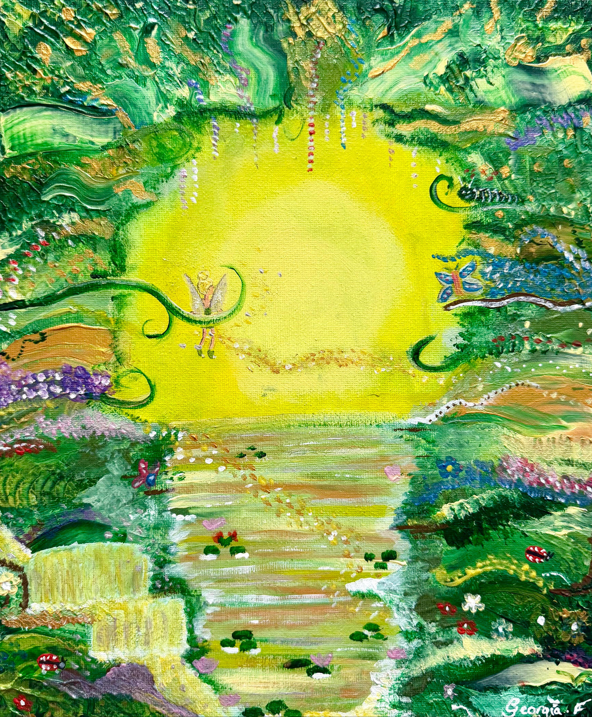 An expressive, textured painting of a whimsical garden landscape with a large glowing yellow sun, green foliage, a winding path, flowers, butterflies, and a small fairy figure, rendered in rich greens, yellows, blues, and pinks.