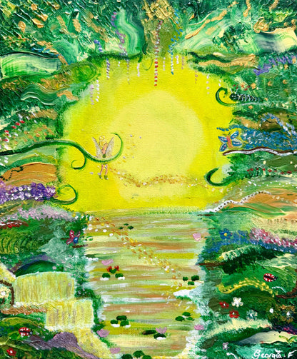 An expressive, textured painting of a whimsical garden landscape with a large glowing yellow sun, green foliage, a winding path, flowers, butterflies, and a small fairy figure, rendered in rich greens, yellows, blues, and pinks.
