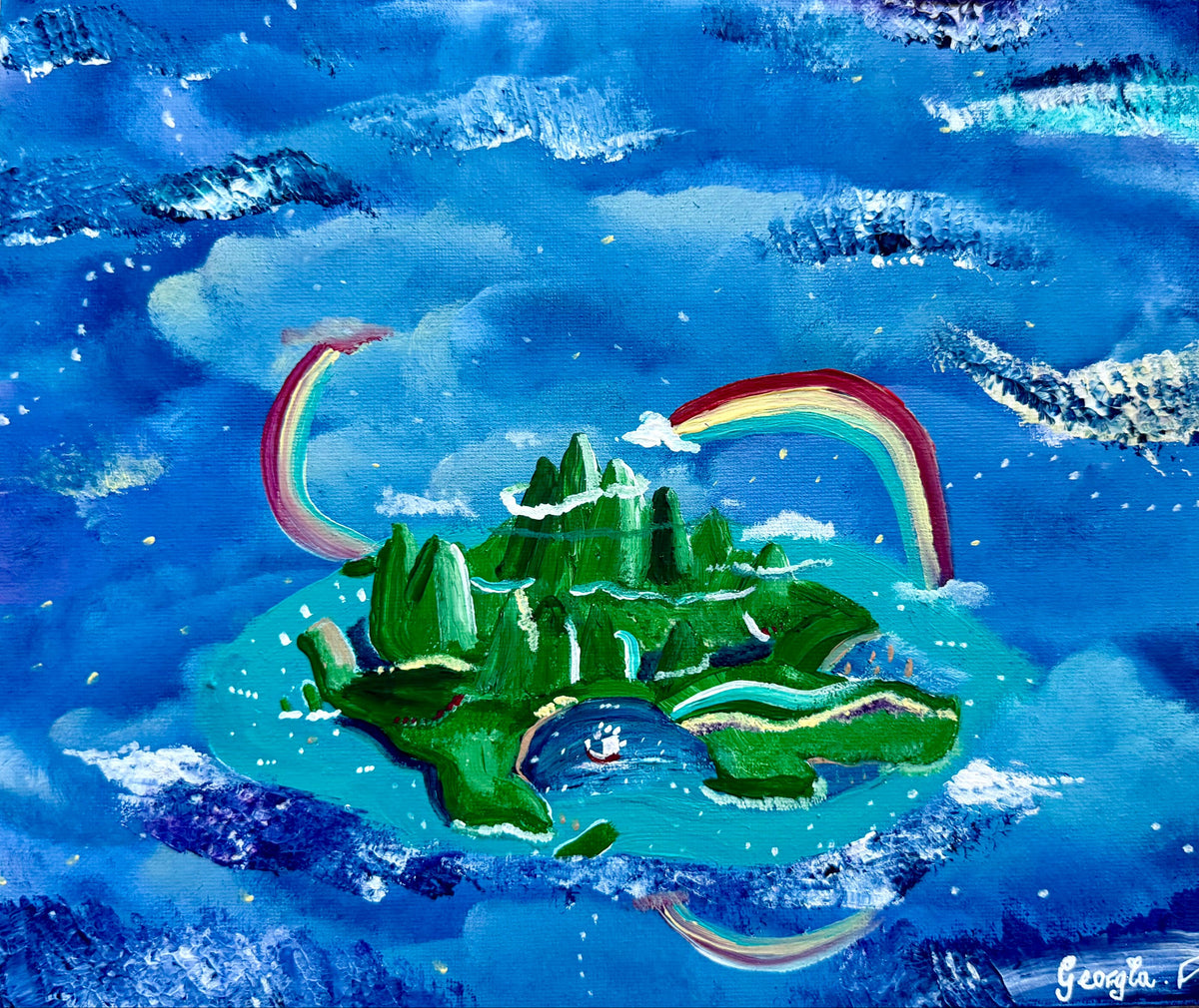 A colorful painting of a green island surrounded by blue water and clouds, with two rainbows arching over the island. The artwork has a textured, expressive brushstroke style.