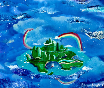 A colorful painting of a green island surrounded by blue water and clouds, with two rainbows arching over the island. The artwork has a textured, expressive brushstroke style.