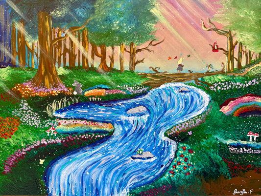 A colorful fantasy landscape painting featuring a winding bright blue river through a lush green forest with flowers, trees, a rainbow, and a pink sky with light rays. A small boat with two figures appears on the river, and a bridge spans the water in the distance.