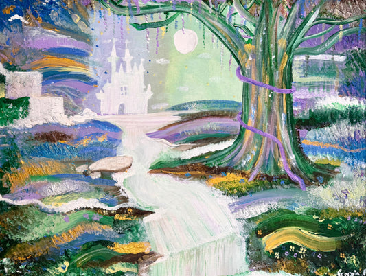 A colorful fantasy landscape painting featuring a white castle in the distance, a large tree on the right with purple vines, a winding pale stream, and layered brushstrokes in green, purple, blue, yellow, and white.