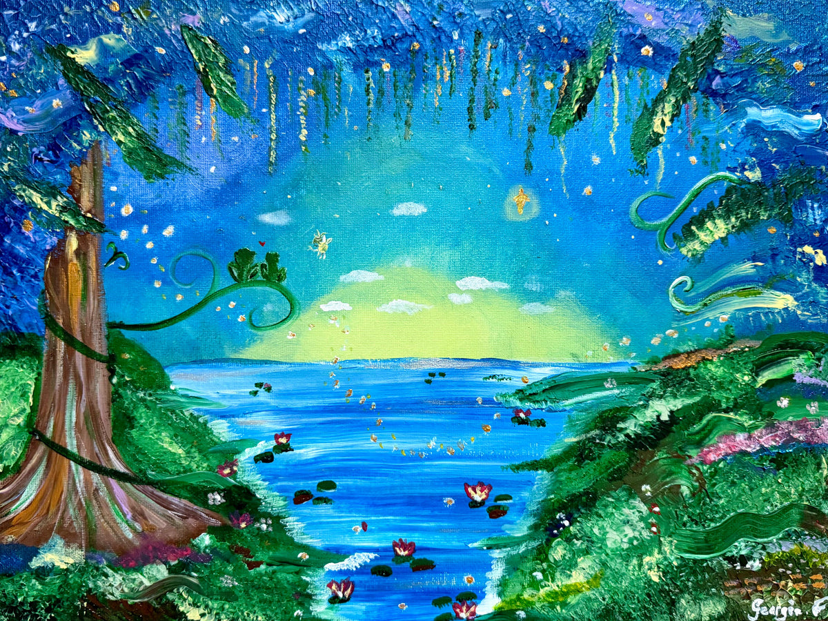 A colorful fantasy landscape painting featuring a glowing blue and green sky over a body of water with floating flowers, a large tree on the left, and whimsical vine-like forms overhead.