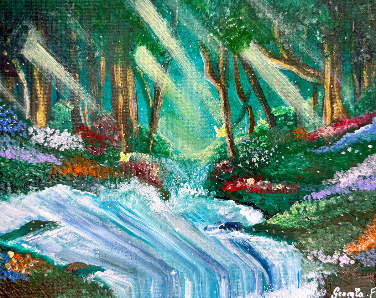 An impressionistic acrylic painting of a magical forest stream with sunbeams filtering through trees, colorful wildflowers, and a waterfall in the foreground. Signed 'Georgia F.