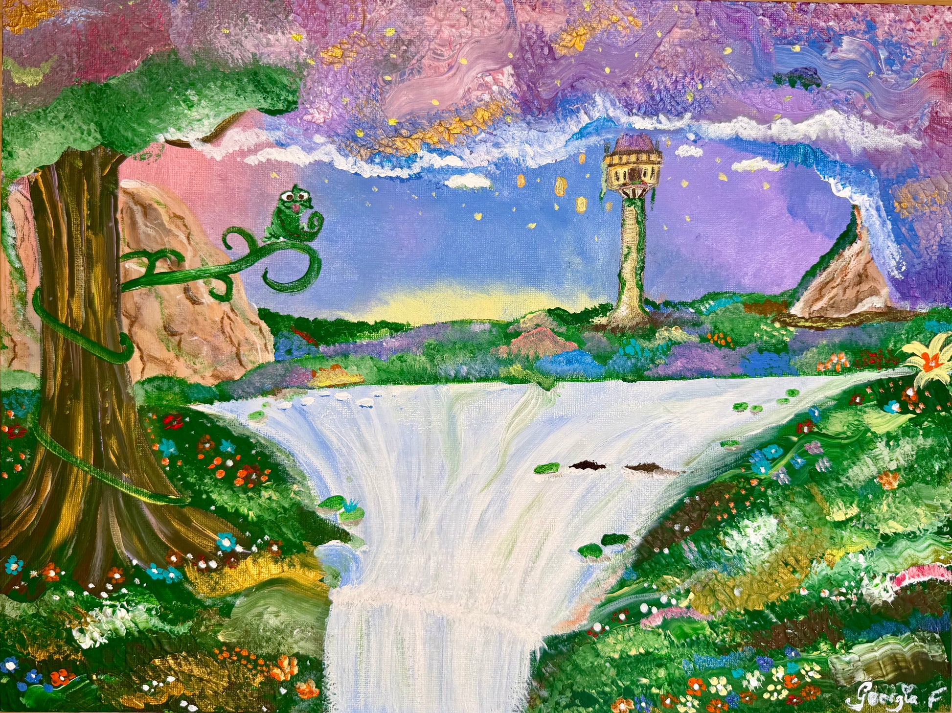 A colorful fantasy landscape painting featuring a large tree on the left, a waterfall in the foreground, a tower-like structure in the distance, and a dreamy sky with purple, pink, blue, and gold tones.